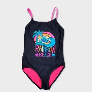 OP Girl's Black Medium Rainbow Graphic One-Piece Swimsuit